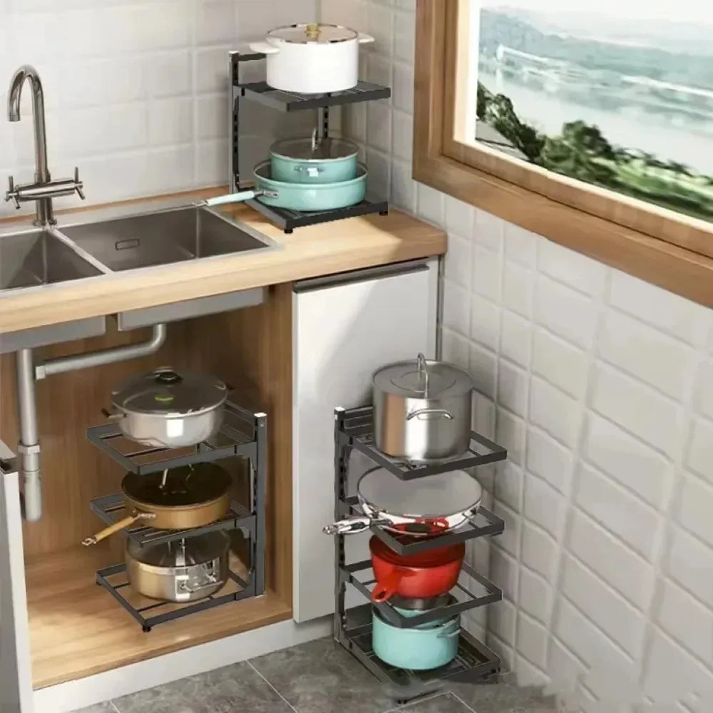 4-Tier Adjustable Kitchen Cookware Storage Rack Space Saving Pot Holder Under Sink Countertop Organizer For Household Kitchen