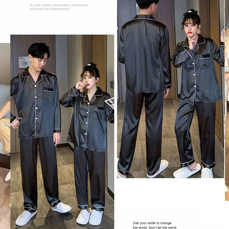 Pajamas Men Summer Ice Silk Thin Section of Men's Simulation Silk Black Long-Sleeved Trousers Homewear Suit