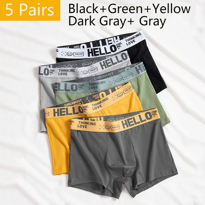 5PCS Sexy Underwear Mens Cotton Letter Hello Boxer Panties Breathable Soft Trunks Plus Size Shorts Underpant