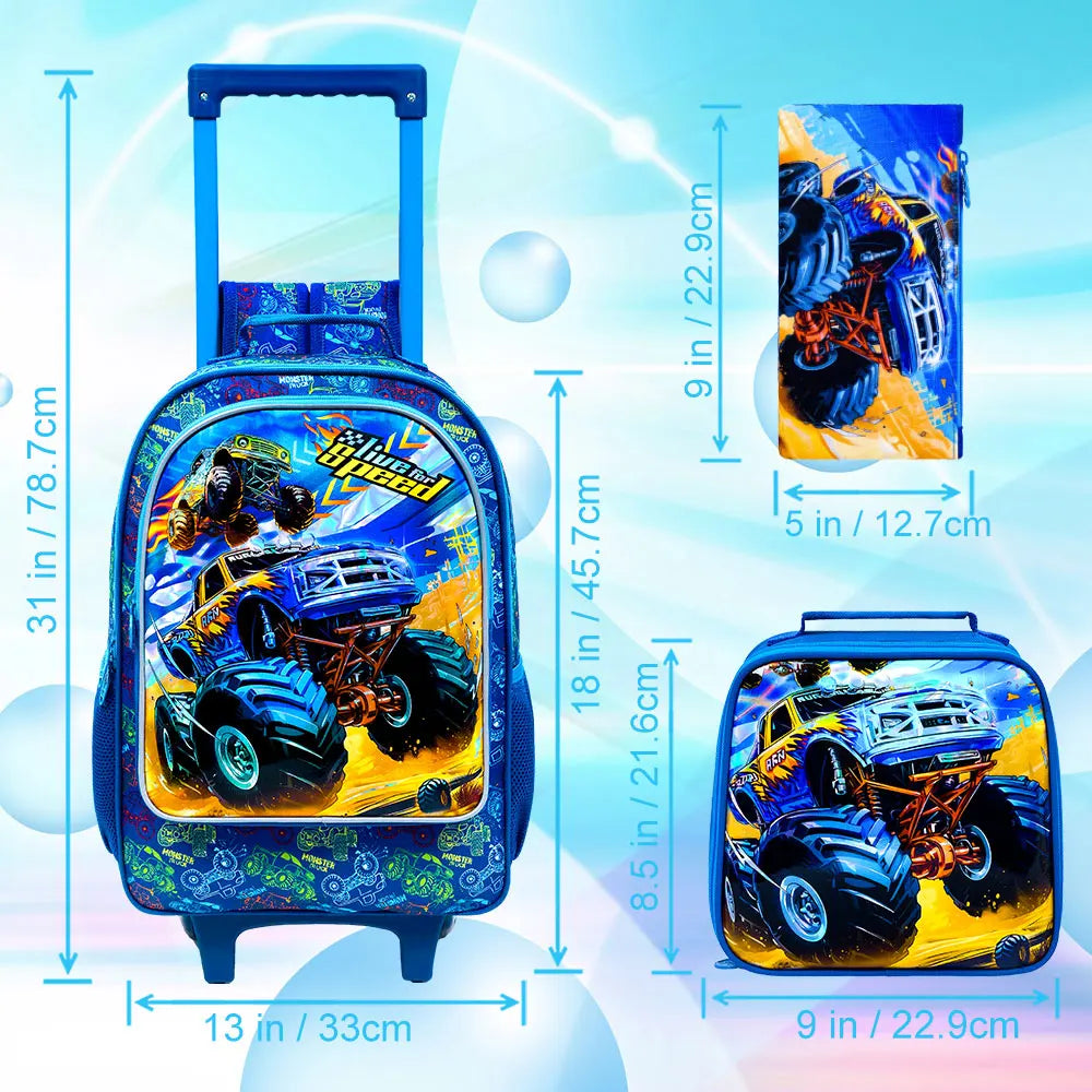 3Pcs Rolling Backpack for Boys, Kids Roller Wheels School Bookbag with Lunch Bag, Wheeled School Bag for Children