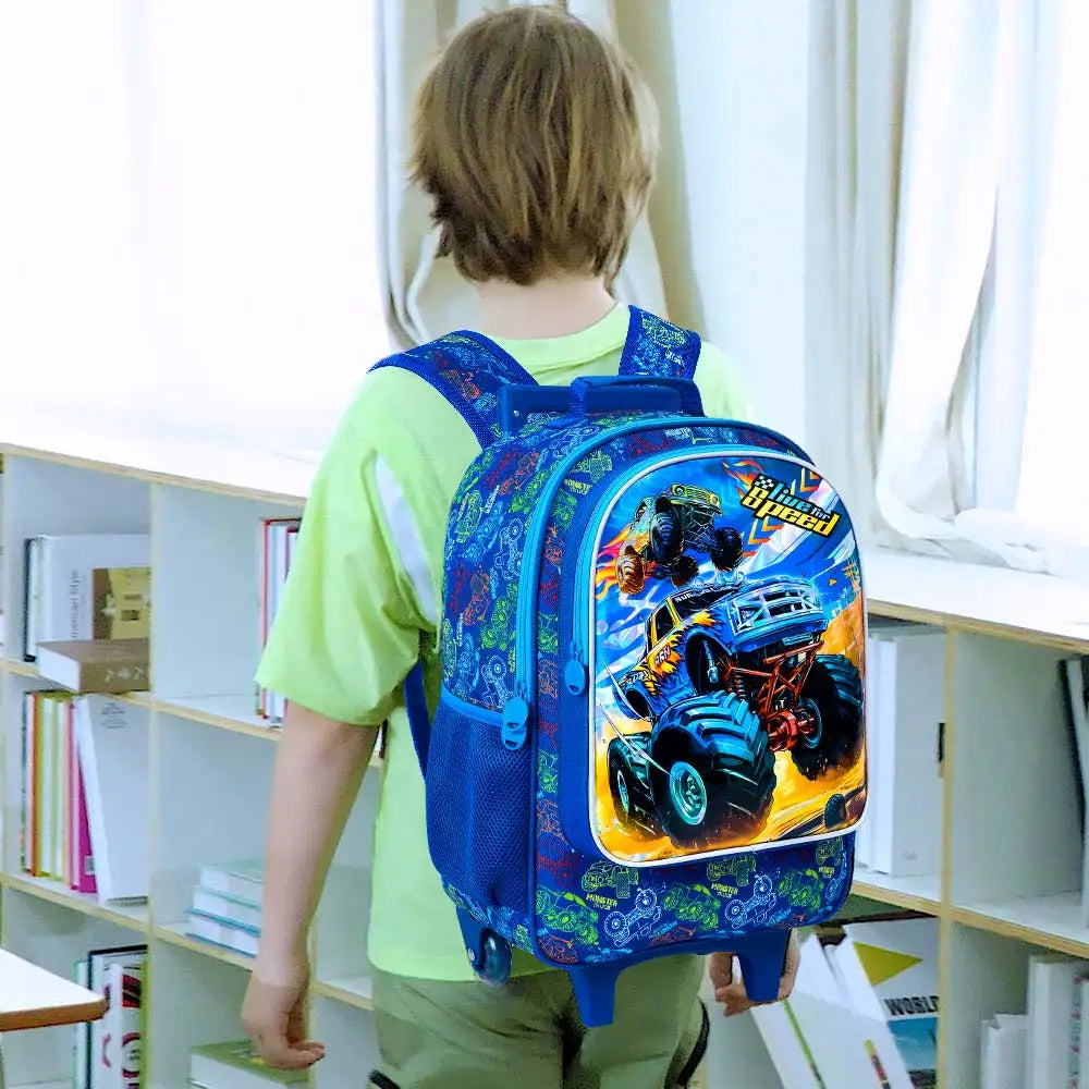 3Pcs Rolling Backpack for Boys, Kids Roller Wheels School Bookbag with Lunch Bag, Wheeled School Bag for Children