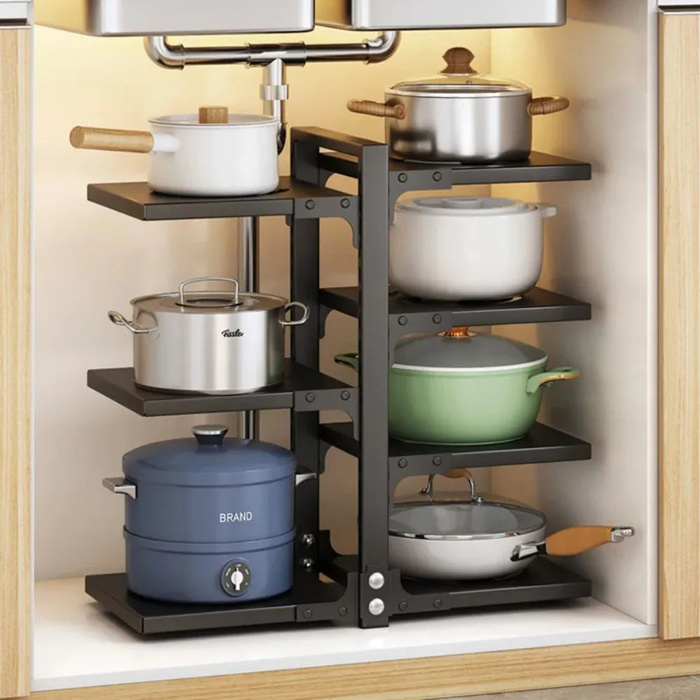 4-Tier Adjustable Kitchen Cookware Storage Rack Space Saving Pot Holder Under Sink Countertop Organizer For Household Kitchen