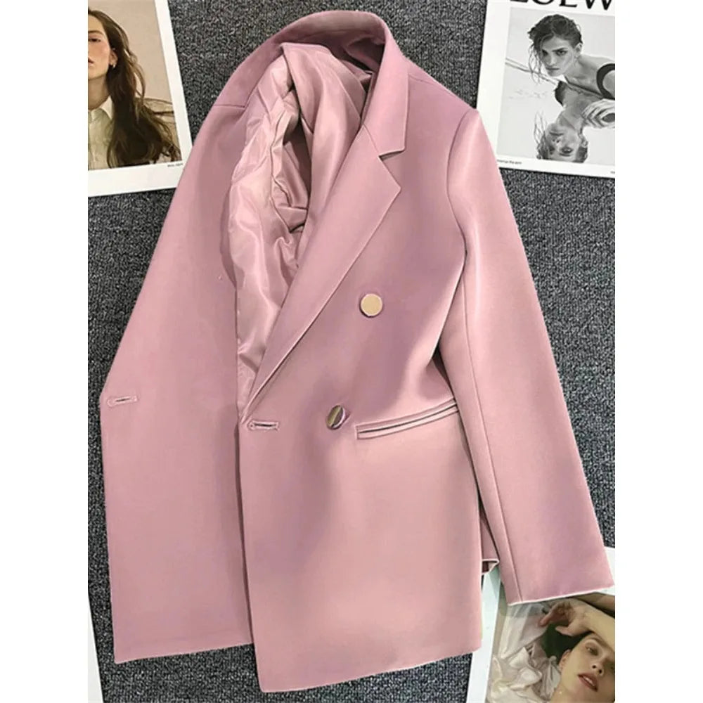 Women's Double-Breasted Blazer – Elegant Korean-Inspired Jacket**

Elevate your wardrobe with this sophisticated women's double-breasted blazer. Featuring a timeless solid-color design and polished silhouette, it’s perfec