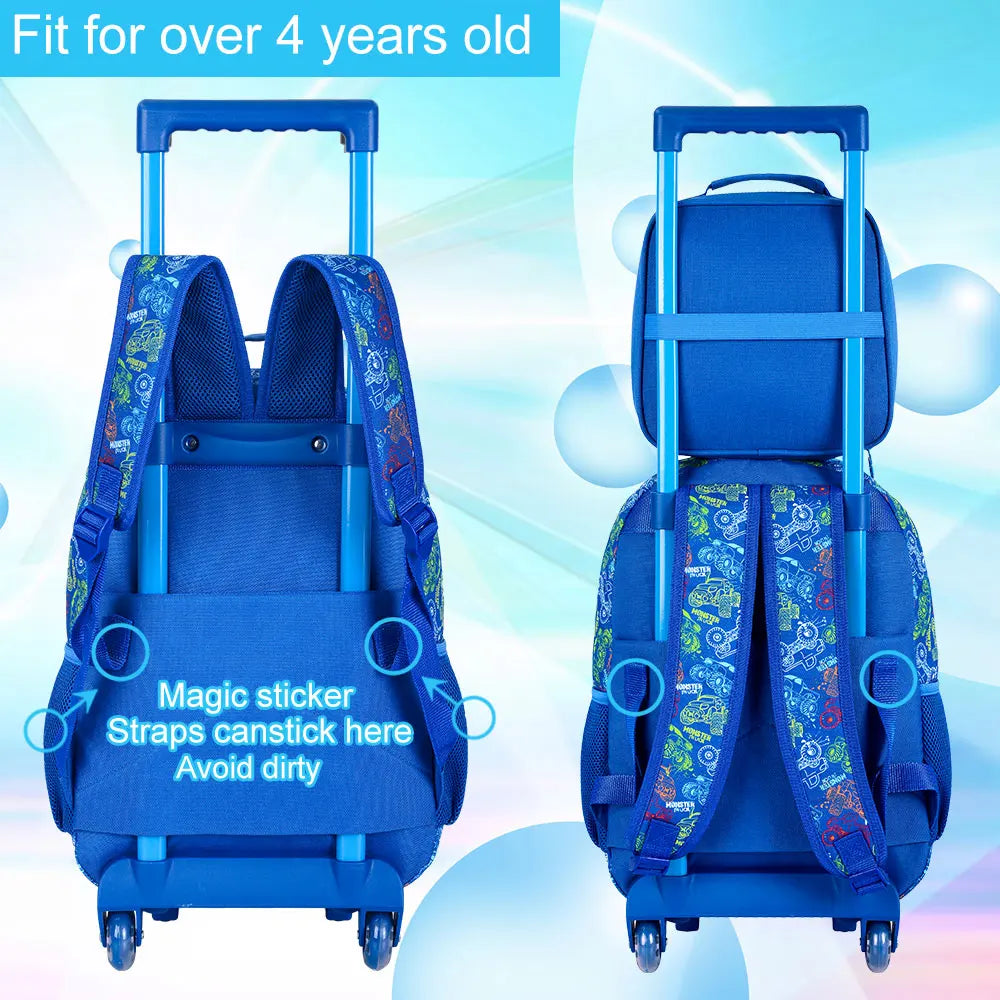 3Pcs Rolling Backpack for Boys, Kids Roller Wheels School Bookbag with Lunch Bag, Wheeled School Bag for Children