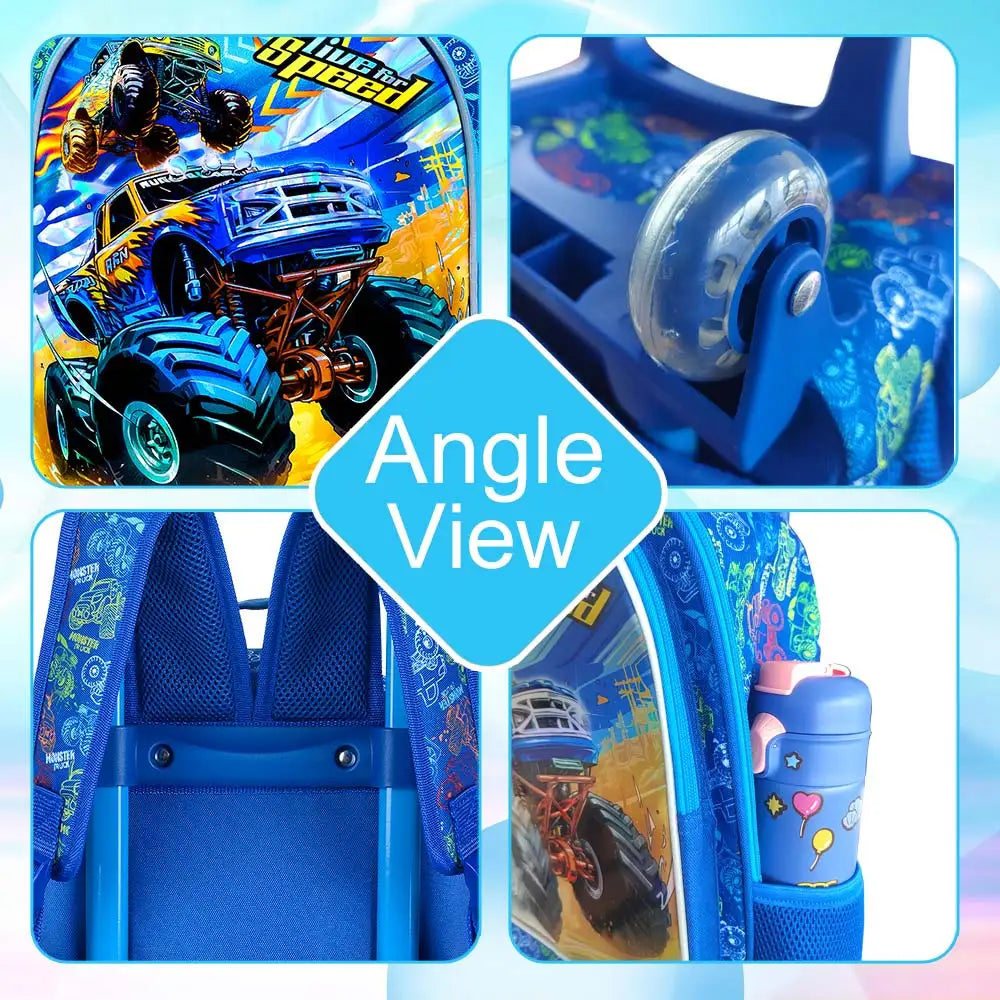 3Pcs Rolling Backpack for Boys, Kids Roller Wheels School Bookbag with Lunch Bag, Wheeled School Bag for Children