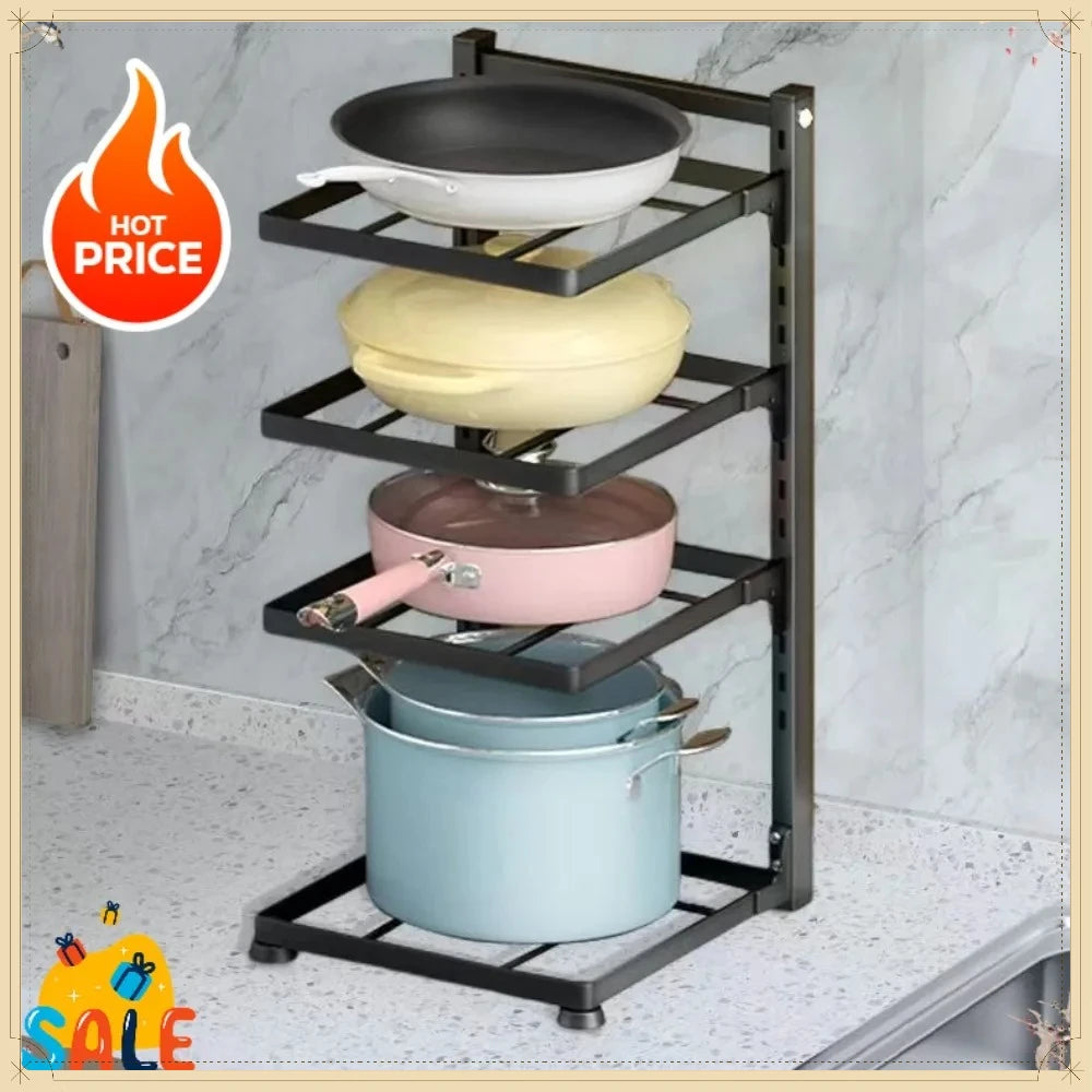 4-Tier Adjustable Kitchen Cookware Storage Rack Space Saving Pot Holder Under Sink Countertop Organizer For Household Kitchen