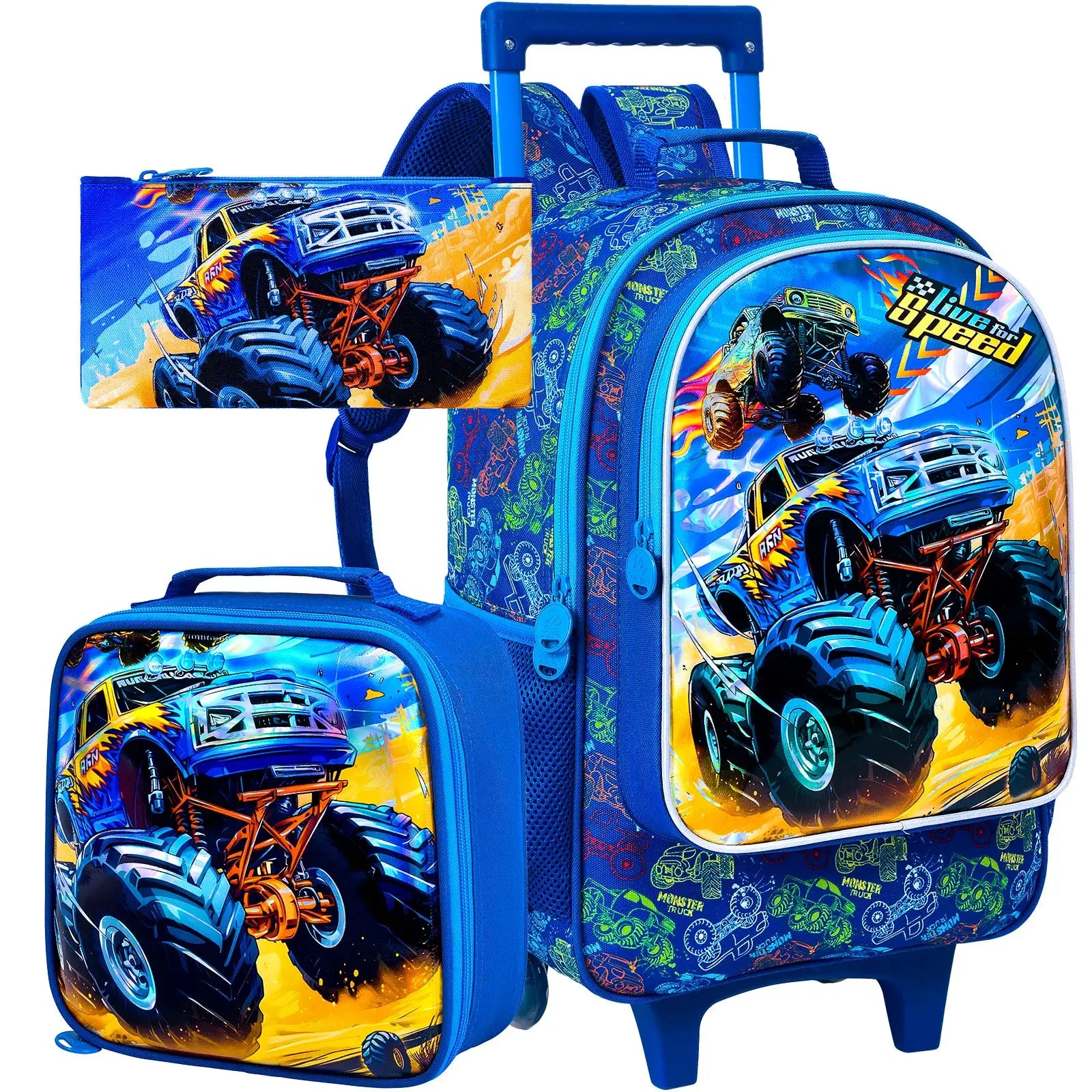 3Pcs Rolling Backpack for Boys, Kids Roller Wheels School Bookbag with Lunch Bag, Wheeled School Bag for Children