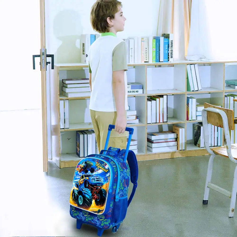 3Pcs Rolling Backpack for Boys, Kids Roller Wheels School Bookbag with Lunch Bag, Wheeled School Bag for Children
